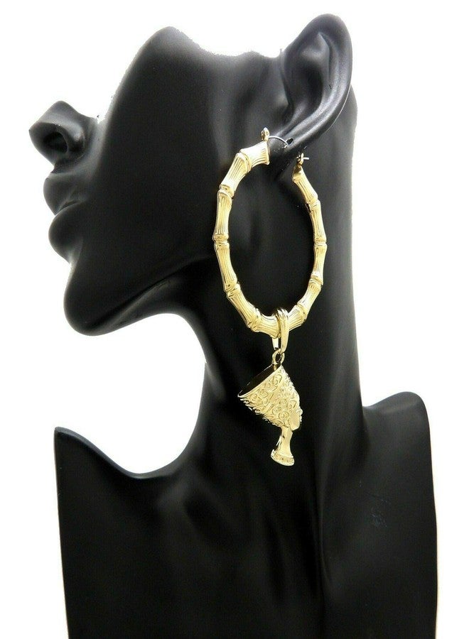 BLINGFACTORY Women's Fashion Gold Plated Nefertiti Dangling Pincatch Hoop Bamboo Earrings - Image 3